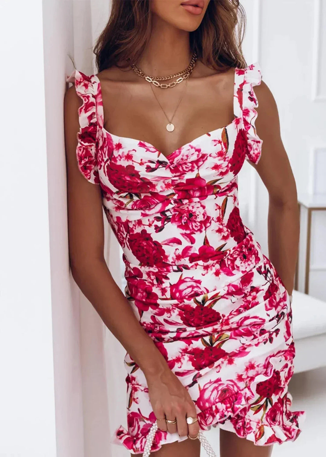 Airy wrap dress with floral print & ruffles – flattering fit for summer – Sylvia-Red-White-S-The Livary