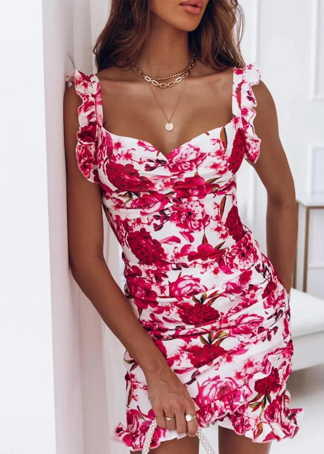 Summer floral wrap dress with ruffles – Loretta-Pink White-S-The Livary