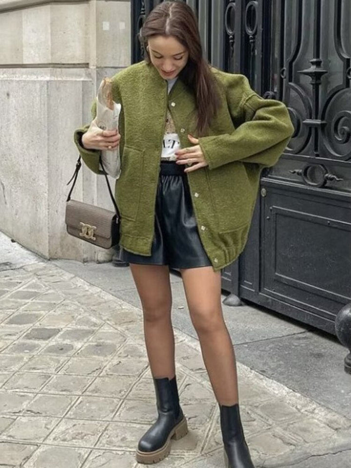 Oversized Wool Coat with Round Neck and Buttons - Selena-Camel-S-The Livary