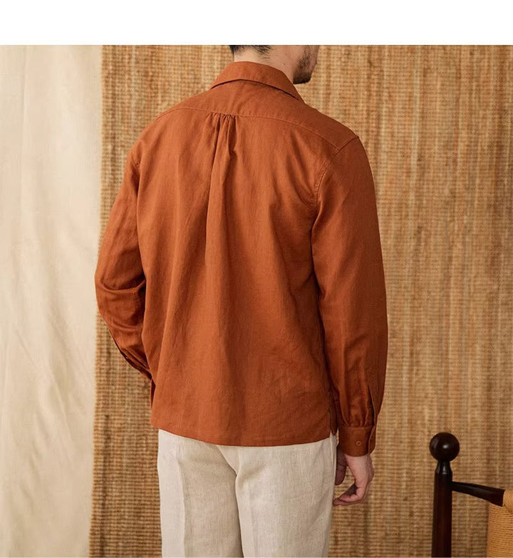 Lightweight men's shirt made of linen with Cuban collar and long sleeves – Mateo-Brown-S-The Livary