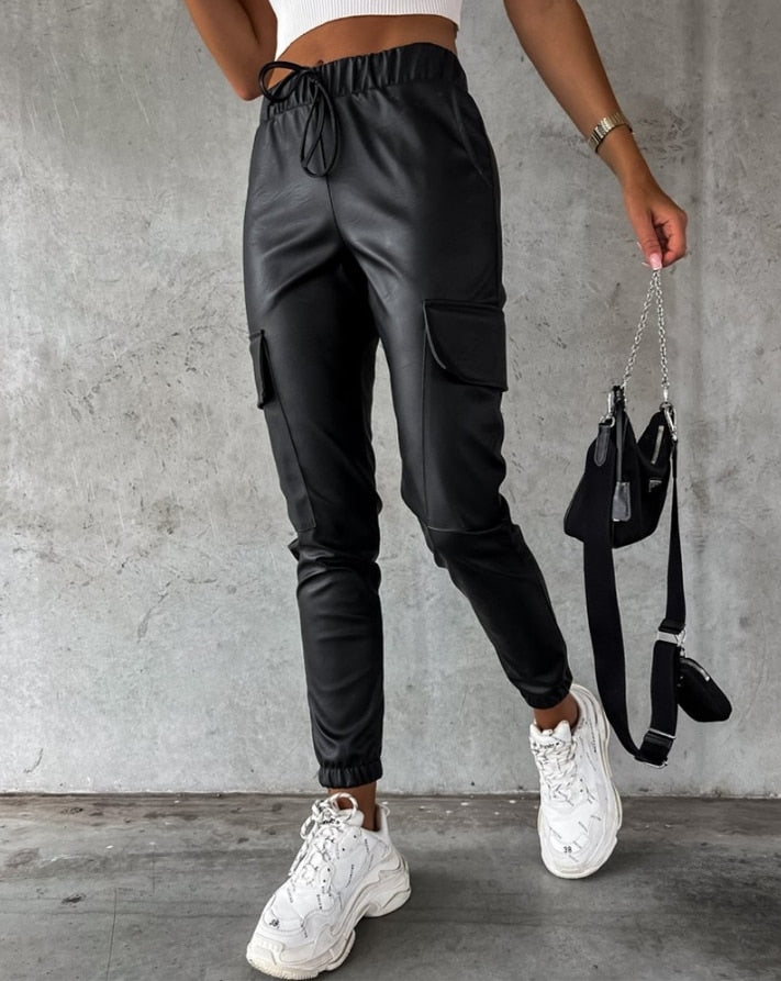 Faux Leather Cargo Trousers for Women - Jade-S-The Livary