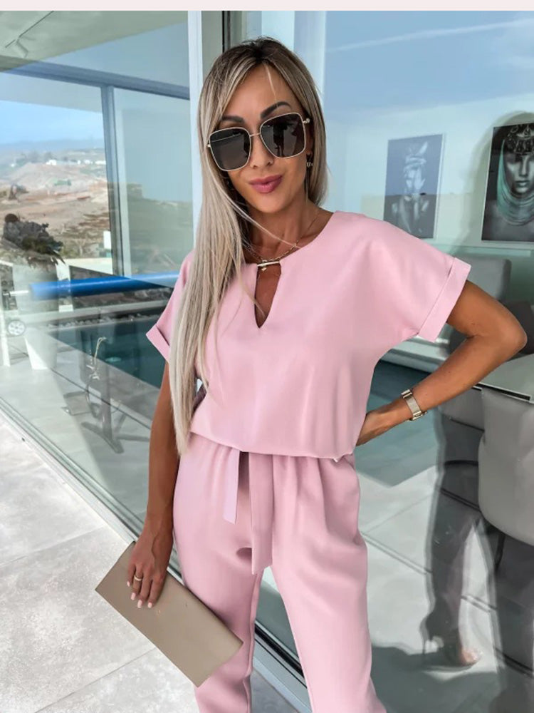 Jumpsuit with Short Sleeves and Belt - Eliana-Fuchsia-S-The Livary