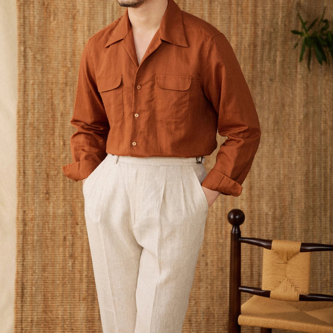 Lightweight men's shirt made of linen with Cuban collar and long sleeves – Mateo-Brown-S-The Livary