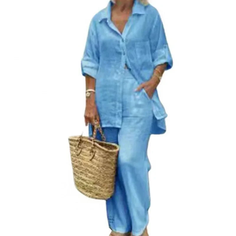 Airy & Stylish Oversized Linen Combo with Blouse and Trousers for Women – Amaris-Blue-S-The Livary