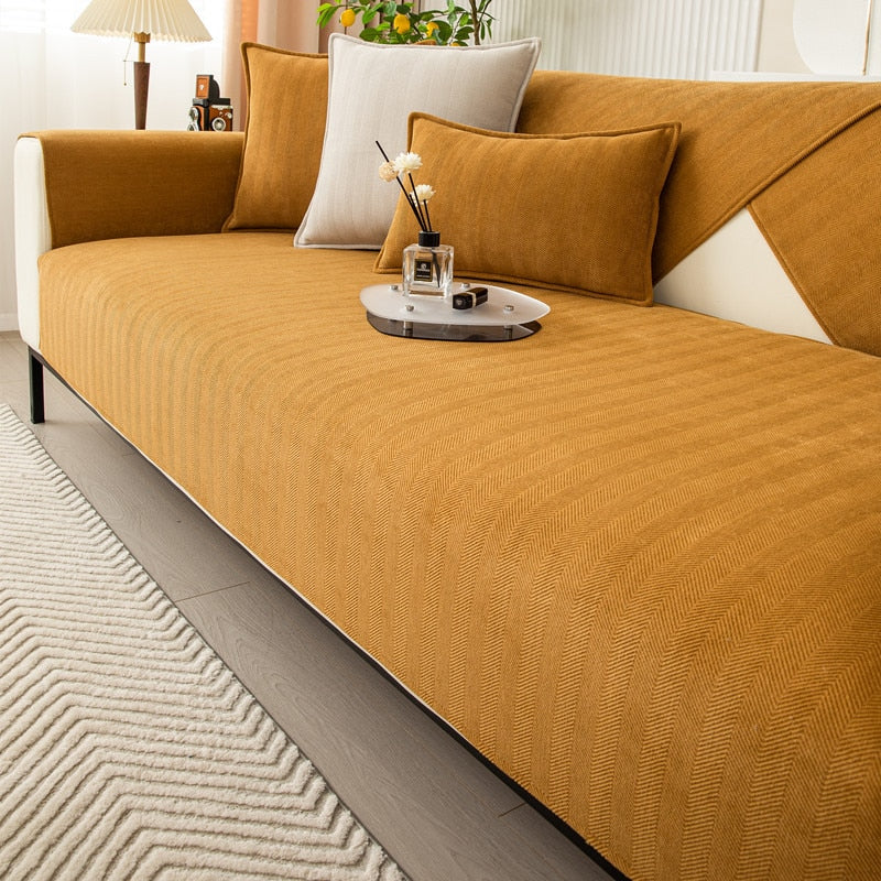 Chenille Bank Protector with Herringbone Structure – VeluraShield-Mustard yellow-27.6×27.6in-The Livary