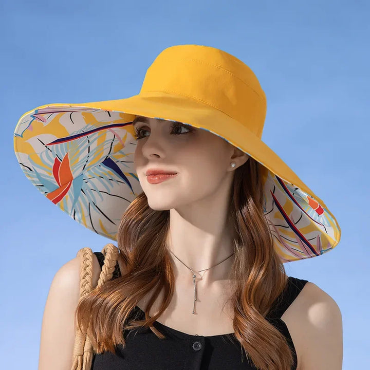 Reversible sun hat made of cotton with a wide brim (22-23 In) – Liora-Yellow (double-sided)-The Livary
