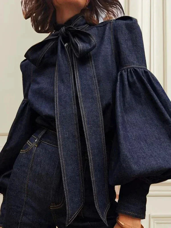 Ladies Denim Blouse with Puff Sleeves - Riva-S-The Livary