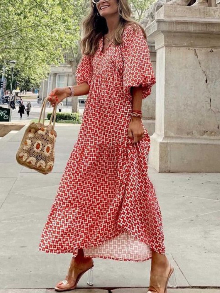 Printed maxi dress with waist band – Aurelia-Red-S-The Livary