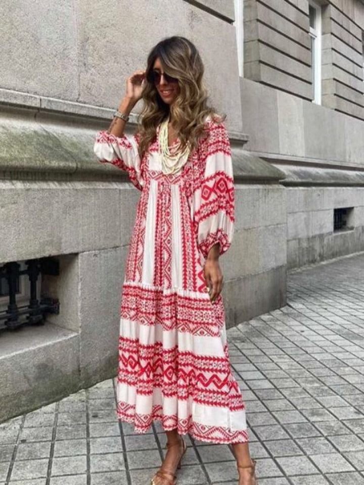 Printed maxi dress with waist band – Aurelia-Red White-S-The Livary