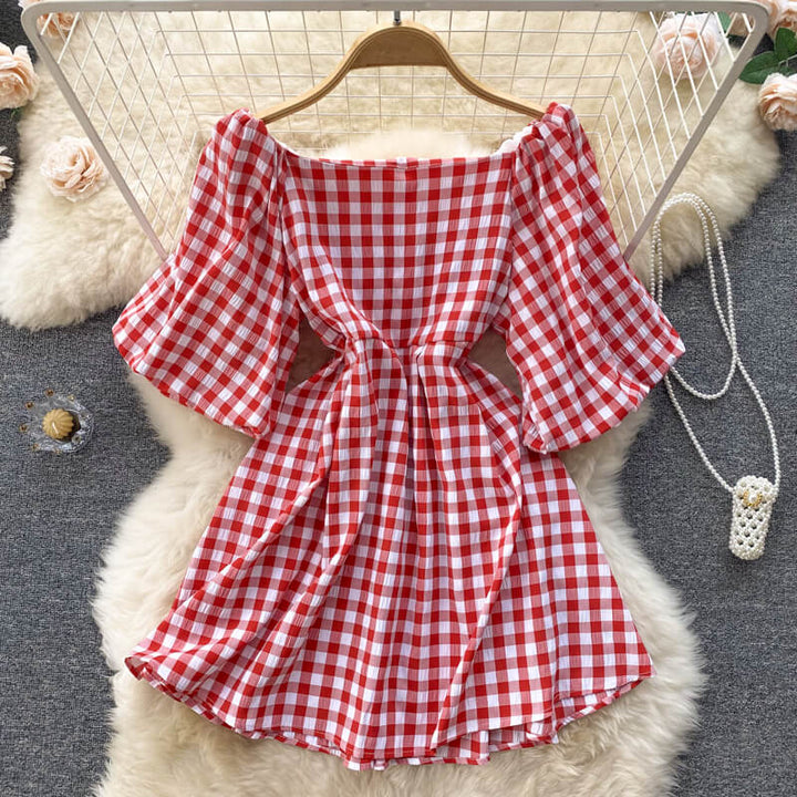 Fashionable women's dress with square neckline & puff sleeves - Selina-Red-The Livary