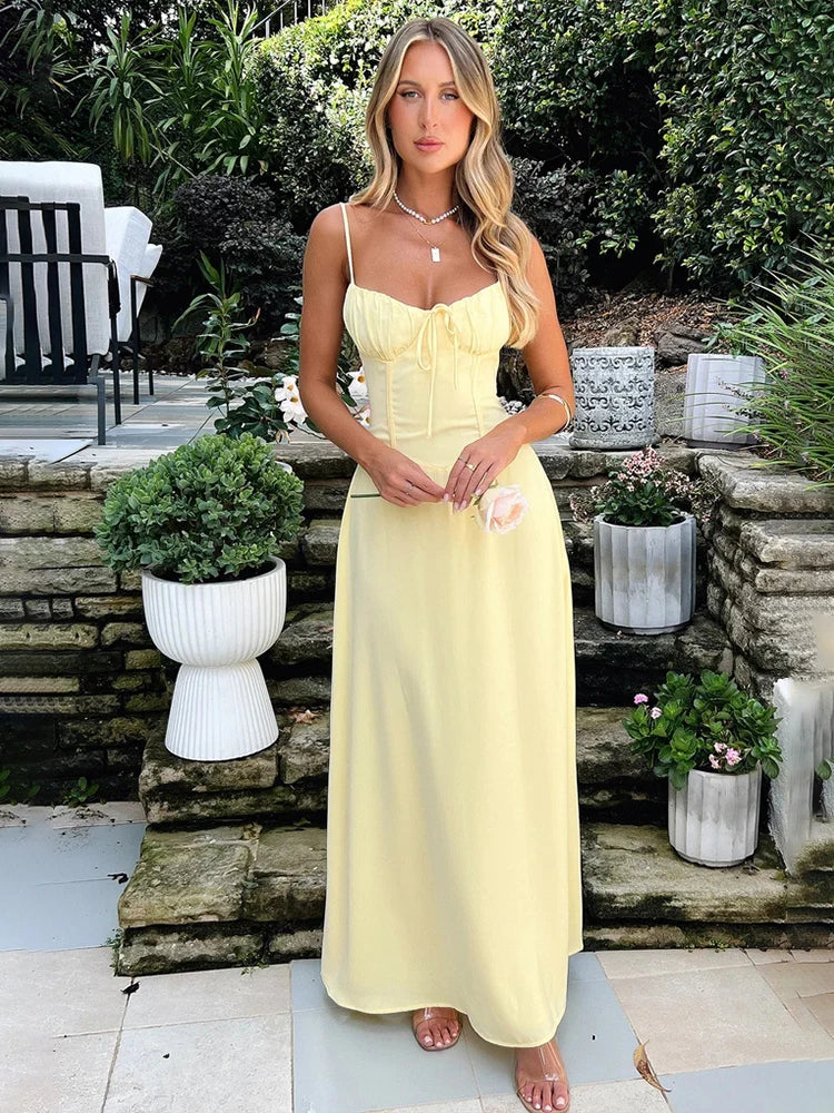 Airy A-line corsage maxi dress with spaghetti straps – Serina-Yellow-S-The Livary