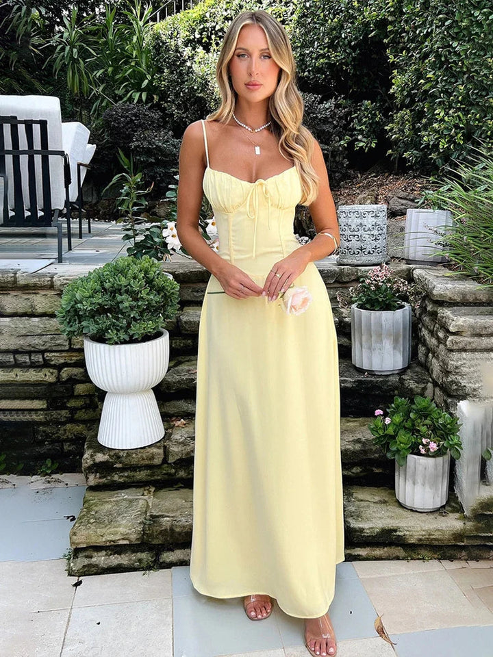 Airy A-line corsage maxi dress with spaghetti straps – Serina-Yellow-S-The Livary