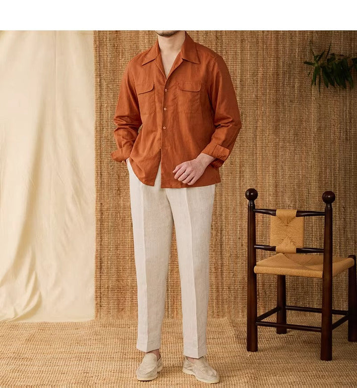 Lightweight men's shirt made of linen with Cuban collar and long sleeves – Mateo-Brown-S-The Livary