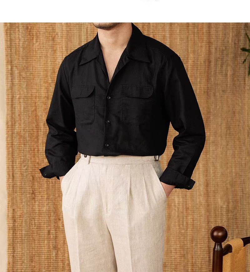 Lightweight men's shirt made of linen with Cuban collar and long sleeves – Mateo-Brown-S-The Livary