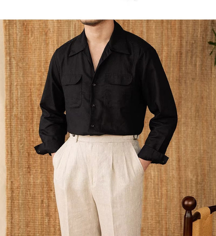 Lightweight men's shirt made of linen with Cuban collar and long sleeves – Mateo-Brown-S-The Livary