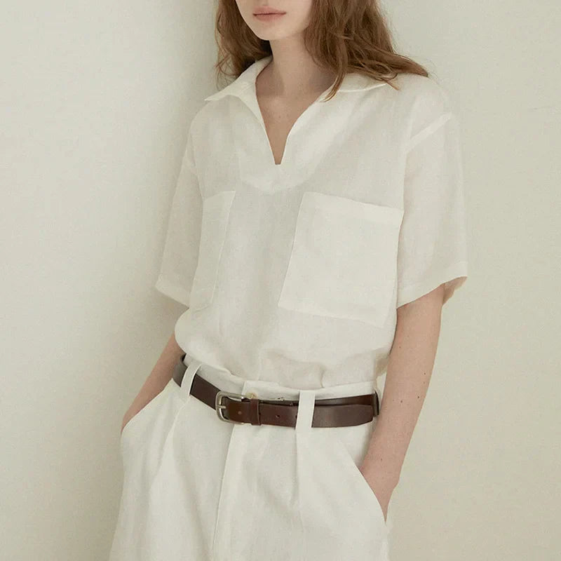 Airy & Timeless Short Sleeve Linen Blouse for Women V-Neck – Milena-S-The Livary