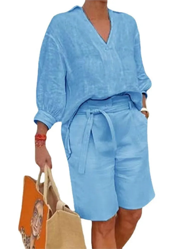 Airy & Stylish Two-Piece Linen Set with Blouse & Shorts for Women – Malea-Pink-S-The Livary