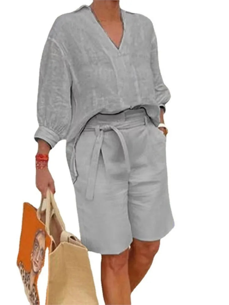 Airy & Stylish Two-Piece Linen Set with Blouse & Shorts for Women – Malea-Pink-S-The Livary