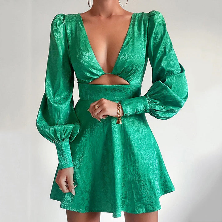 Printed Satin Dress with Puff Sleeves - Valeria