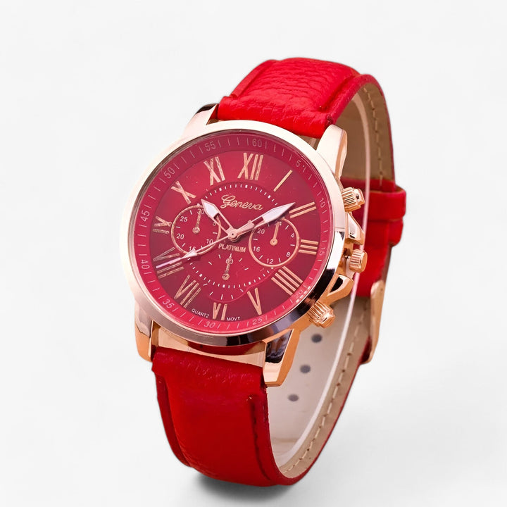 Luxury Waterproof Women's Watch with Leather Strap - Camille-Red-The Livary