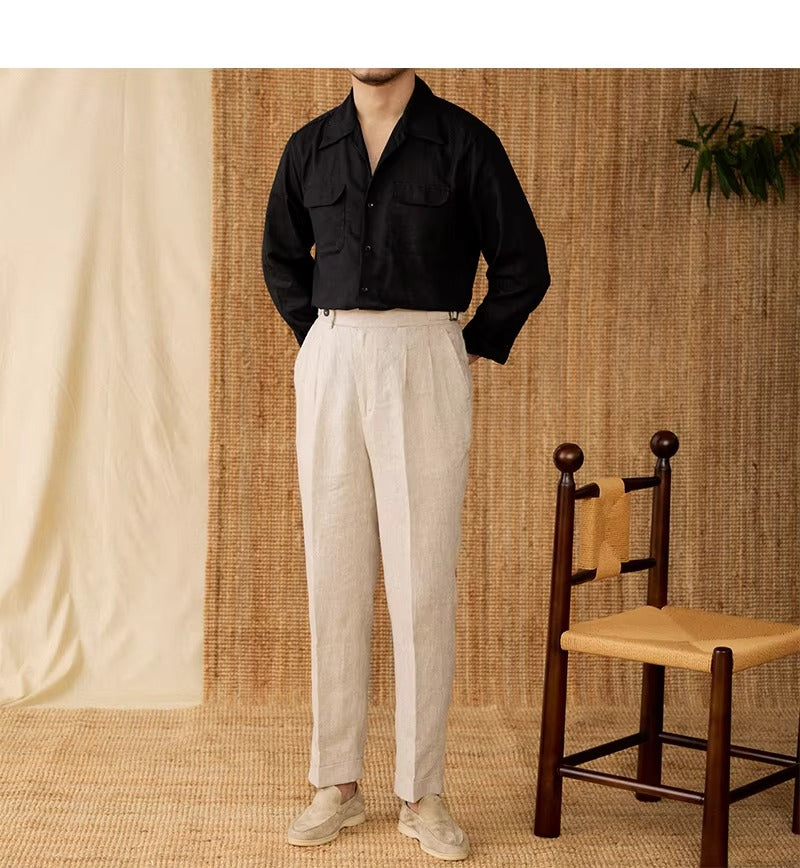 Lightweight men's shirt made of linen with Cuban collar and long sleeves – Mateo-Brown-S-The Livary