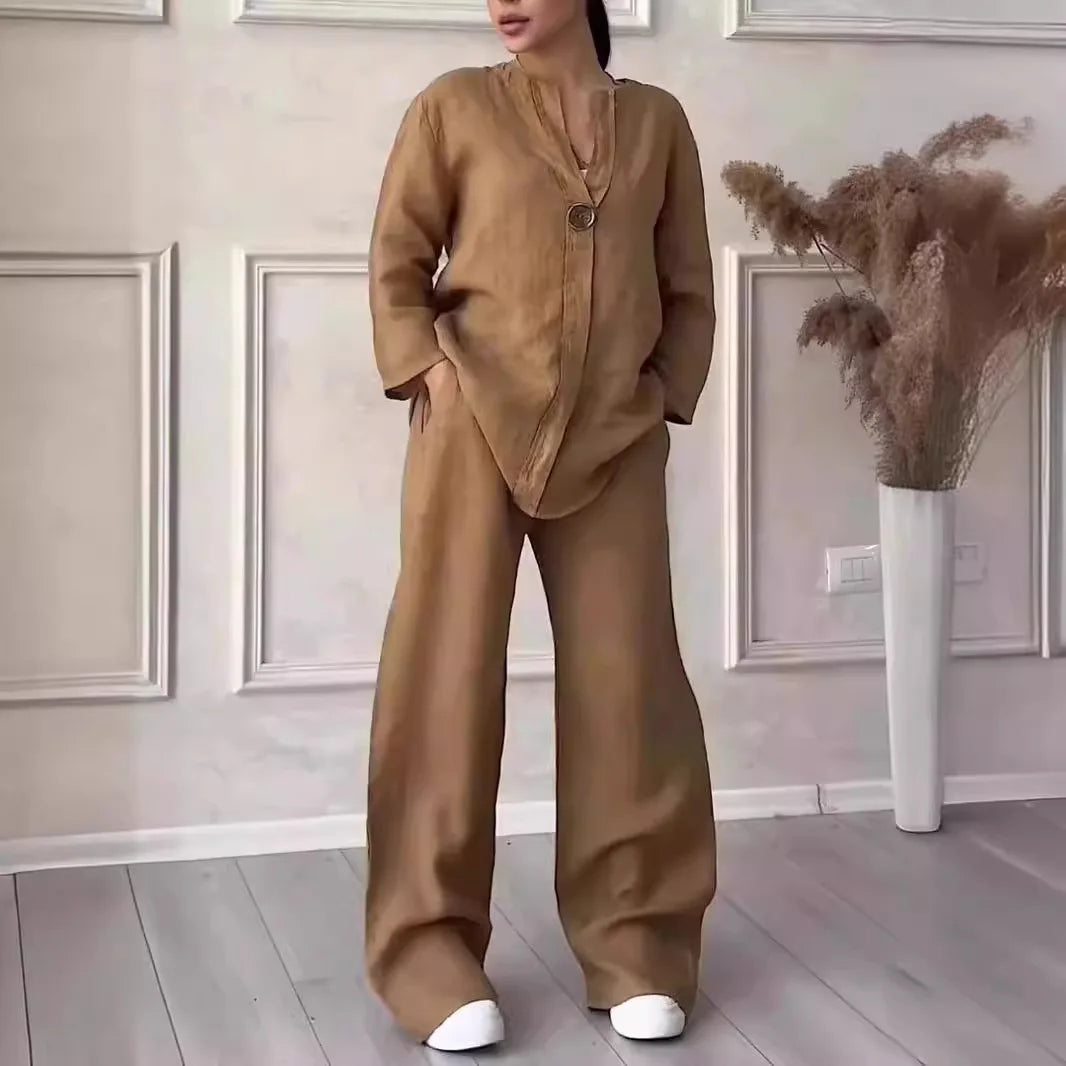 Airy & Stylish Summer Set with Blouse & Wide Trousers made of Linen – Melina-Brown-S-The Livary