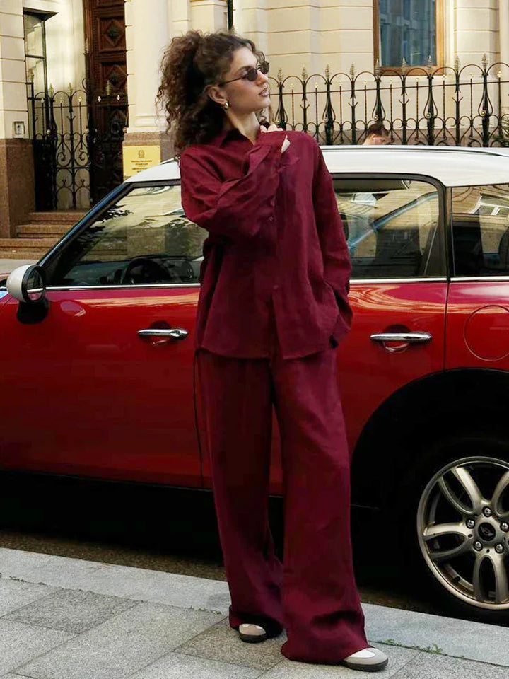 Ladies Summer Two-Piece Trouser & Top – Léonie-Wine Red Long-S-The Livary