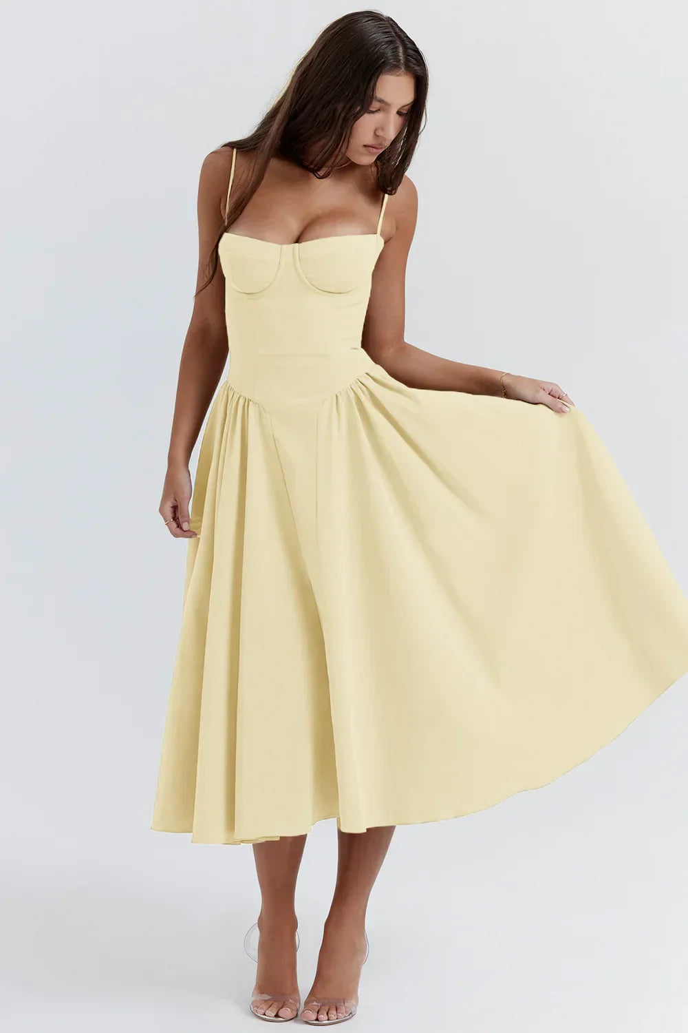 Stylish ladies' summer dress with spaghetti straps & waist corset – Mira-Blue-S-The Livary