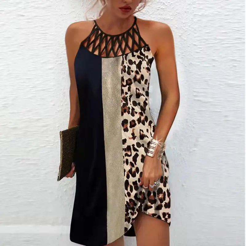 Trendy summer tunic dress with ethnic print & spaghetti straps – Kiara-Leopard print-S-The Livary
