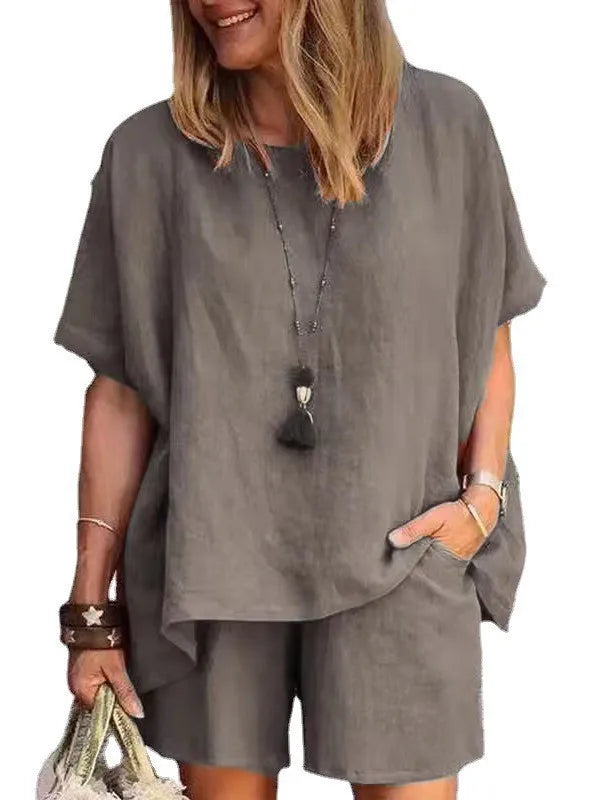Trendy Two-Piece Linen Summer Set with Shorts for Women – Nayla-Grey-S-The Livary