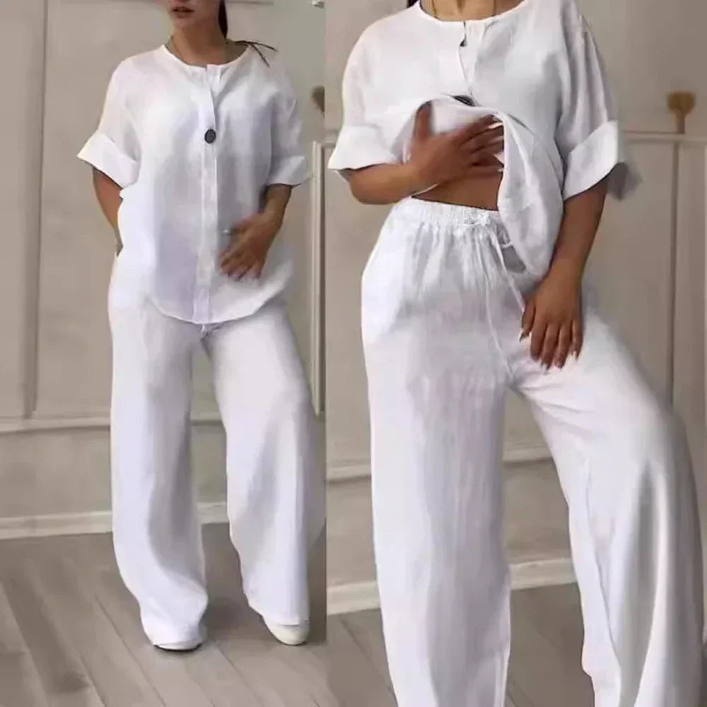 Airy & Stylish Summer Set with Blouse & Wide Trousers made of Linen – Melina-Blue-S-The Livary