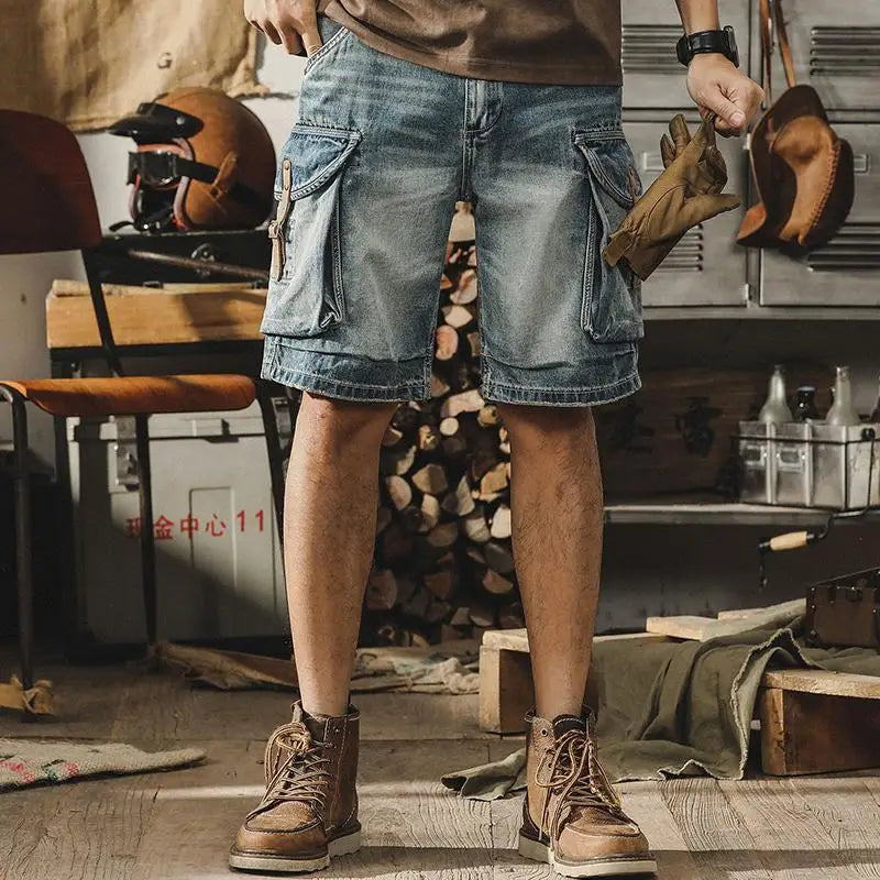Men's Denim Cargo Shorts in Retro Motorcycle Style – Ronex-Denim Blue-S-The Livary