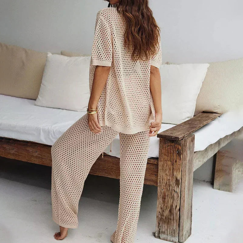 Airy & Stylish Summer Set with Cut-Outs and Long Trousers for Women – Liora-Black-S-The Livary