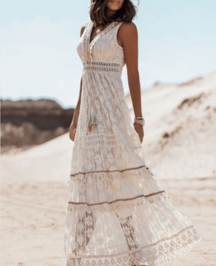 Casual Boho maxi dress with stylish details – Solange-Beige-S-The Livary