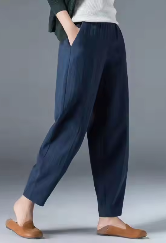 Women's summer trousers made of a linen-cotton blend with an elastic waistband - Clara-Blue-M-The Livary