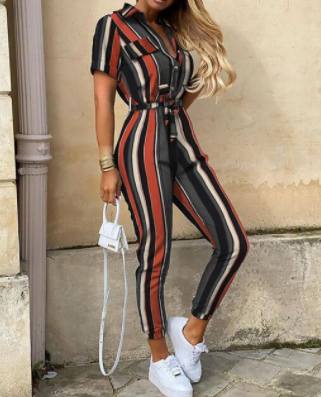 Trendy retro jumpsuit with button placket – Velia-Stripes-S-The Livary