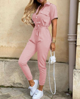 Trendy retro jumpsuit with button placket – Velia-Pink-S-The Livary