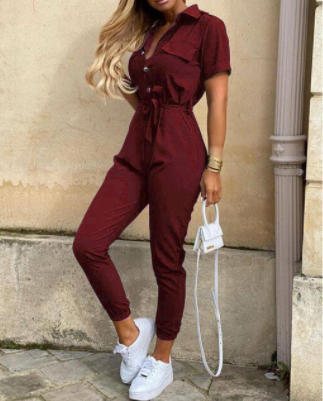 Trendy retro jumpsuit with button placket – Velia-Wine red-S-The Livary