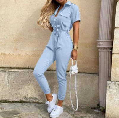 Trendy retro jumpsuit with button placket – Velia-Light blue-S-The Livary