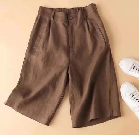 Ladies' summer shorts made of linen-cotton blend in knee length – Elvira-Coffee brown-S-The Livary