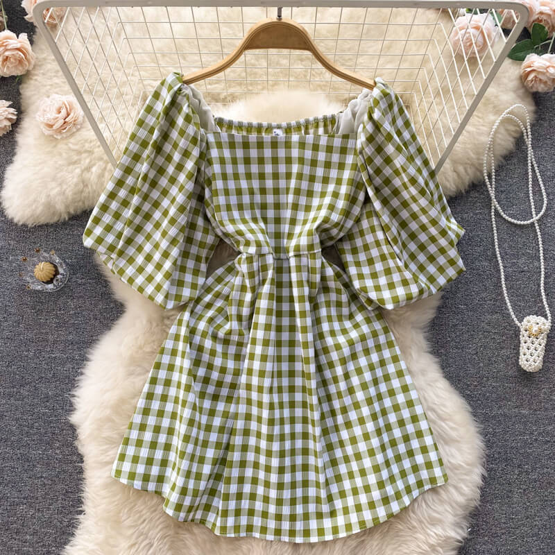 Fashionable women's dress with square neckline & puff sleeves - Selina-Green-The Livary