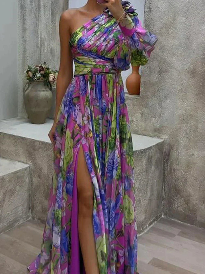 Lila Maxi Dress with Print and Side Split, one Sleeve - Viola-S-The Livary