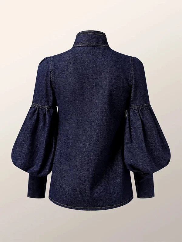 Ladies Denim Blouse with Puff Sleeves - Riva-S-The Livary