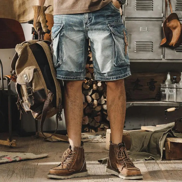 Men's Denim Cargo Shorts in Retro Motorcycle Style – Ronex-Denim Blue-S-The Livary