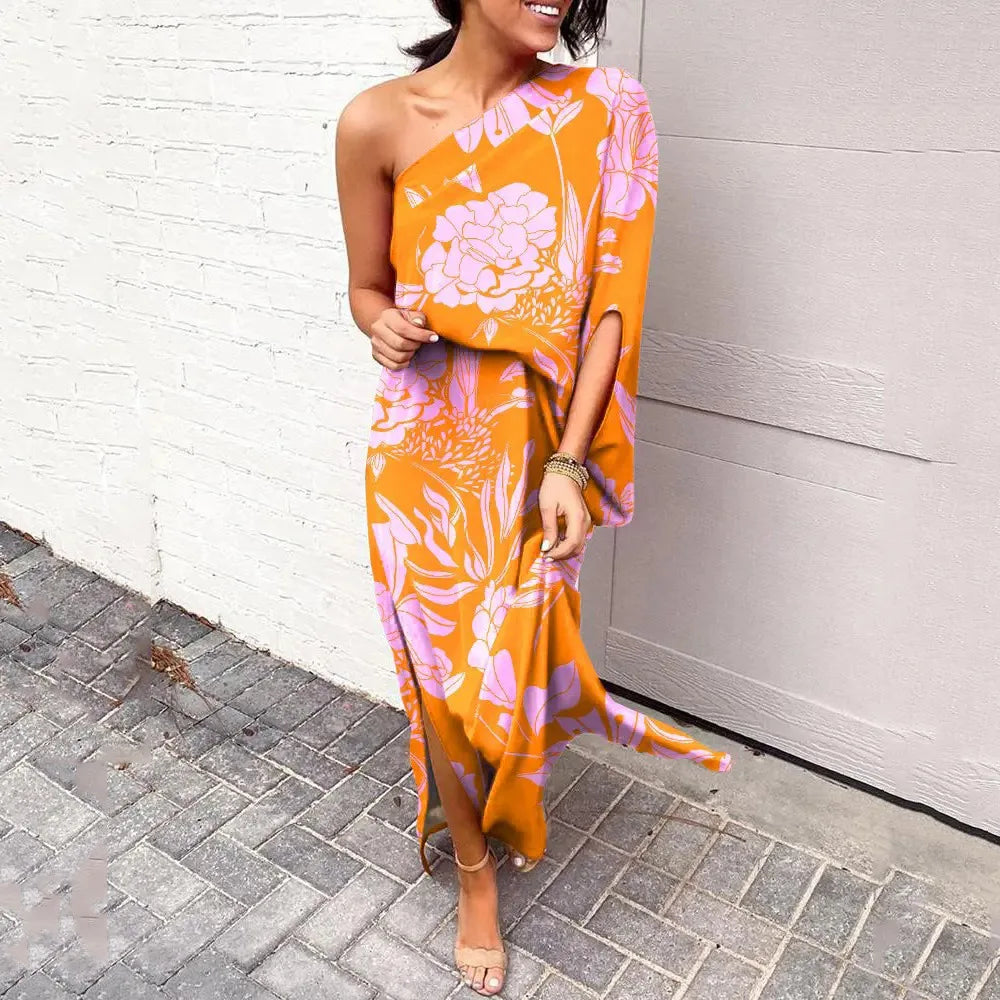 Dress with Diagonal Shoulder Line - Mila-Orange-Pink-S-The Livary