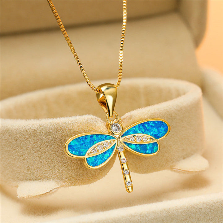 Golden Dragonfly Necklace with Opal - Isolde-White-The Livary