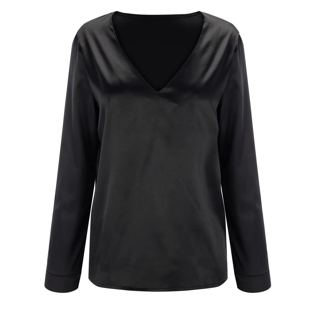 Satin women's shirt with deep V-neck & long sleeves – Daria-Black-S-The Livary