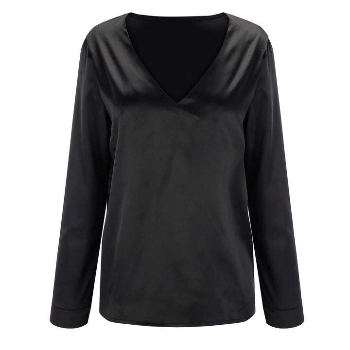 Satin women's shirt with deep V-neck & long sleeves – Daria-Black-S-The Livary