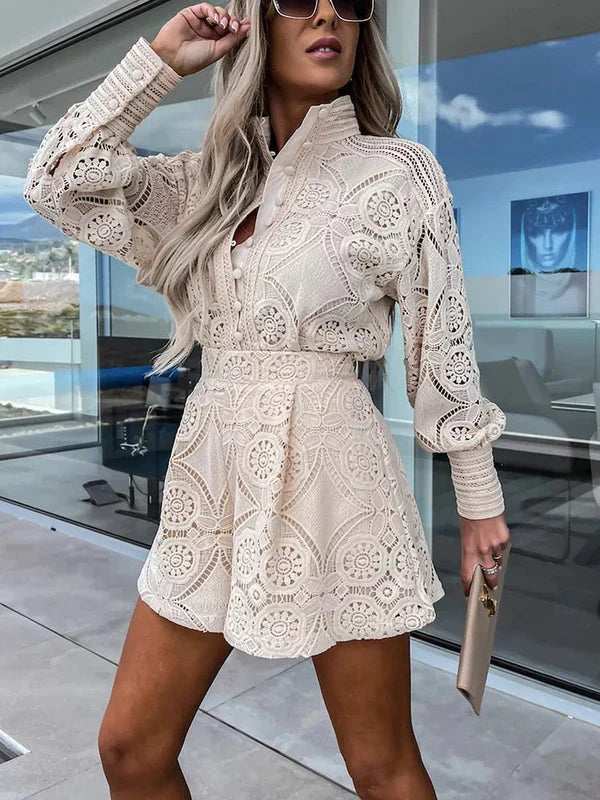 Two-piece lace set for women for summer – Mira-Khaki-S-The Livary