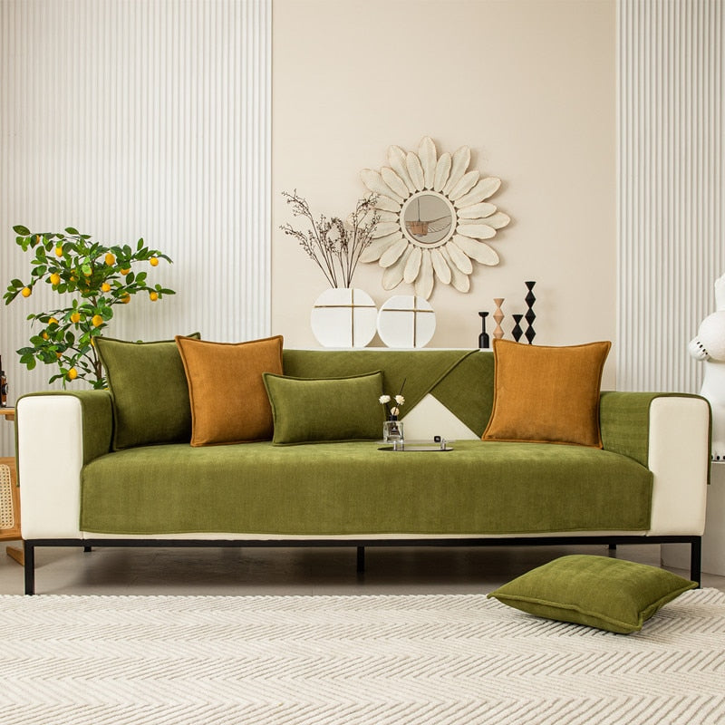 Chenille Bank Protector with Herringbone Structure – VeluraShield-Green-27.6×27.6in-The Livary